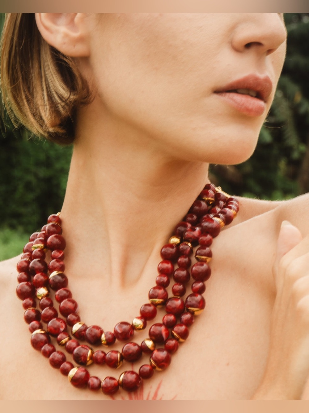 Red Imitation Pearl Multi-Layer Statement Necklace | 18K PVD Gold Plated - Picture 2 of 5